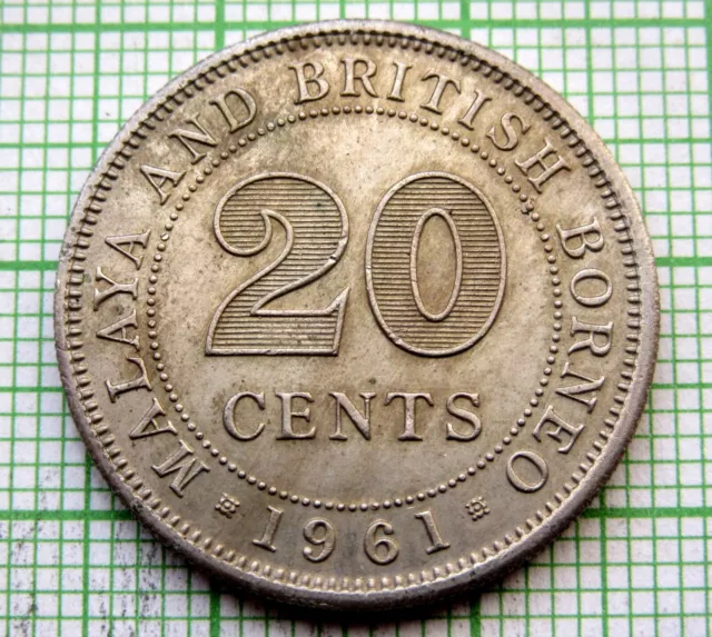 Malaya & British Borneo Malaysia Elizabeth Ii 1961 20 Cents, Aunc