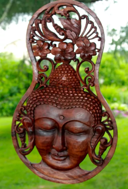 Buddha Wall Panel Plaque Hand carved Wood Sculpture Balinese art Boho Decor 3