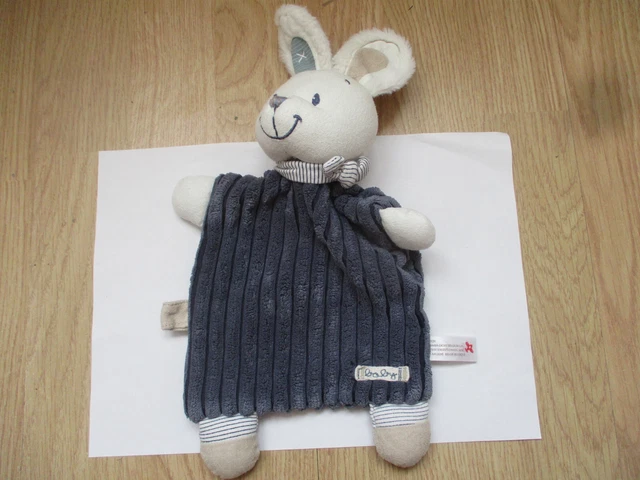 Doudou plat lapin bleu nicotoy simba blanc écru beige rayé baby
