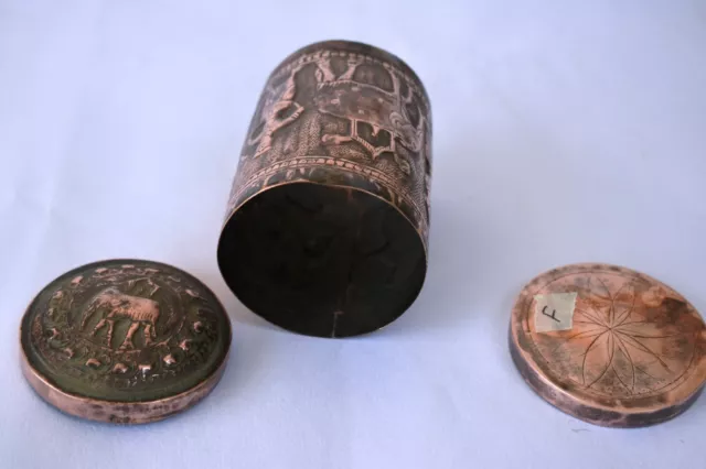 Antique Burmese Betel Box Canister Cylindrical Copper Embossed Figurine Elepha"F 9