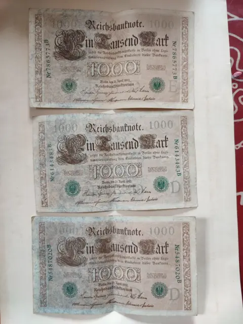 Lot 3 Billets 1000 Mark.allemagne.germany.21 Avril 1910.Pas De Trous.