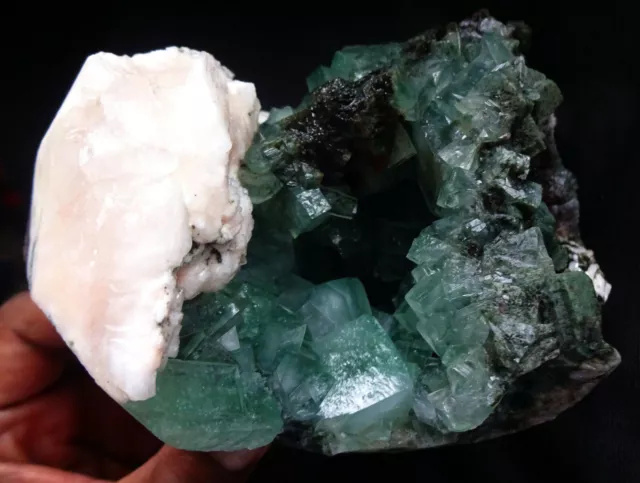 Green Apophyllite Cubes Formation W/ Pink Heulandite Crystals In Geode Rocks Min