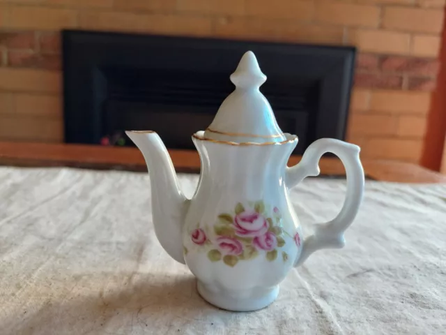 Miniature Porcelain Tea Pot - White With Pink Roses