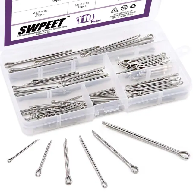 110Pcs 304 Stainless Steel Cotter Pin Clip Key Fastener Fitting Assortment Kit