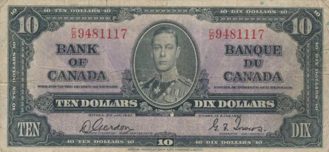 1937 Canada Banknote Gordon Towers $10 Dollars Banknote F