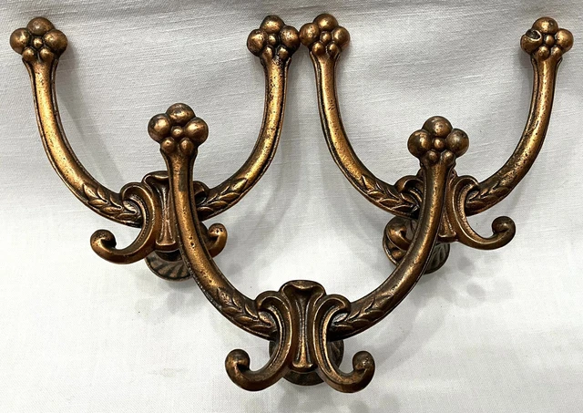 3 Antique Hall Tree Hat Rack Coat Hooks Cast Iron Double Hooks Bronze Victorian