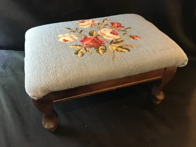 Vintage Mid Century Footstool Ottoman Stool Needlepoint Country Blue Floral