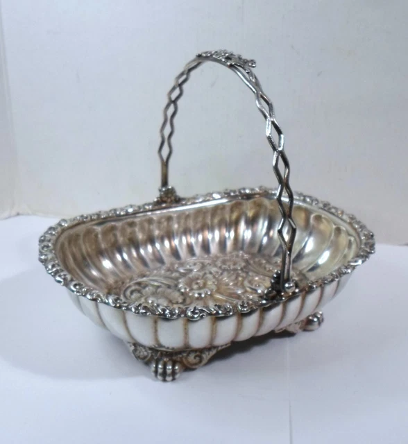 Antique VICTORIAN SILVER PLATED BASKET Swing Handle Paw Feet Simpson Hall Miller