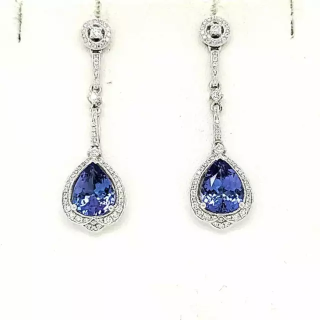 Purplish Blue Pear Cut 4.55CT Tanzanite With White Round CZ Drop Dangle Earrings