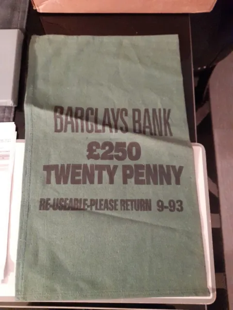 Barclays Bank Cloth Money Bag Vintage 250 X 20 Penny Green Bag Re - Useable 9-93