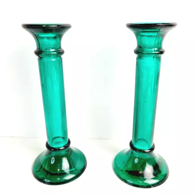 Set Of 2 Vintage Green Recycled Glass Candle Stick Holders Decorative 20cm Tall