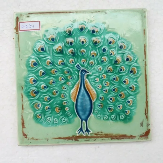 Tile Majolica Peacock Dancing Vintage Made In Japan Art Nouveau Porcelain Nh4231