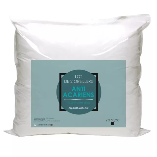 Lot de 2 oreillers Microfibre Anti-Acariens 60x60cm