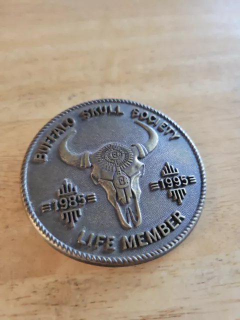 Buffalo Skull Society Life Member 1985 1995 large brass belt buckle Billy Mills