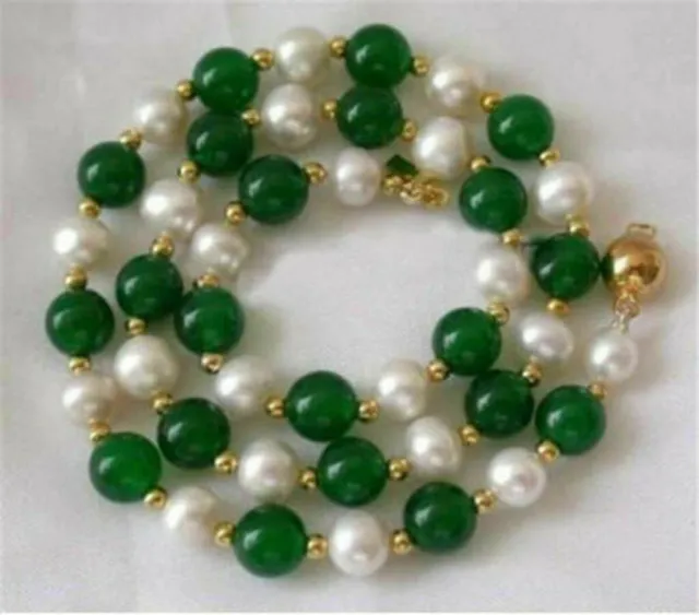 7-8MM White Cultured Pearl & Natural Green Jade Round Beads Necklace 18/25/36"