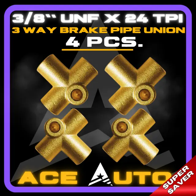 4X Premium 3 Way Brass Brake Pipe Fitting T Union 3/8" UNF x 24 TPI - 3/16' Pipe