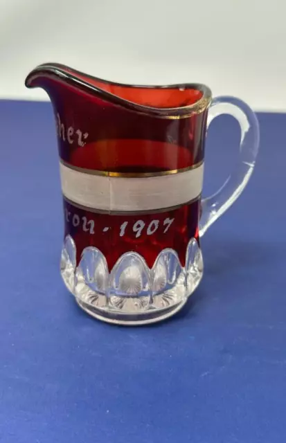 Ruby Red Gold Flash Etched Glass Souvenir Creamer Mother 1907 Celoron Village Ny