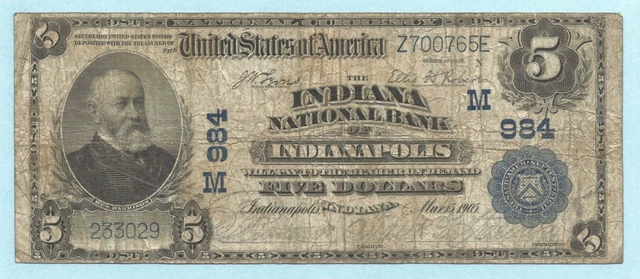 $5 National Currency 1902 PB - Ch#984 - Indiana NB, Indianapolis, IN - F+