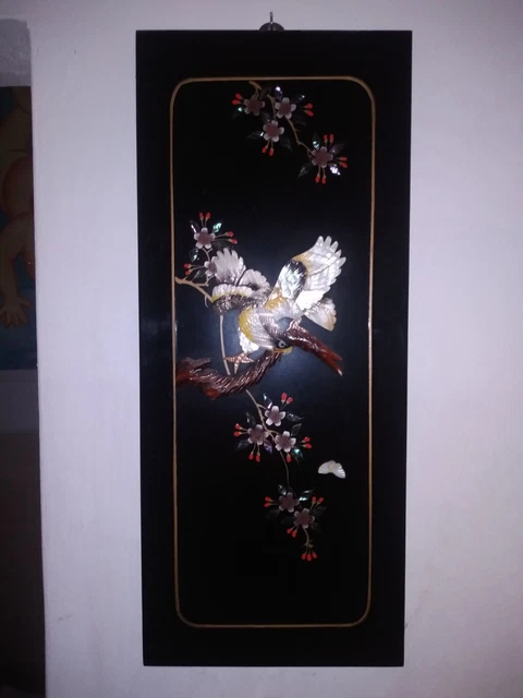 Lack Holz Relief Bild Intarsien China Japan Perlmutt Hochglanz Asien Muschel