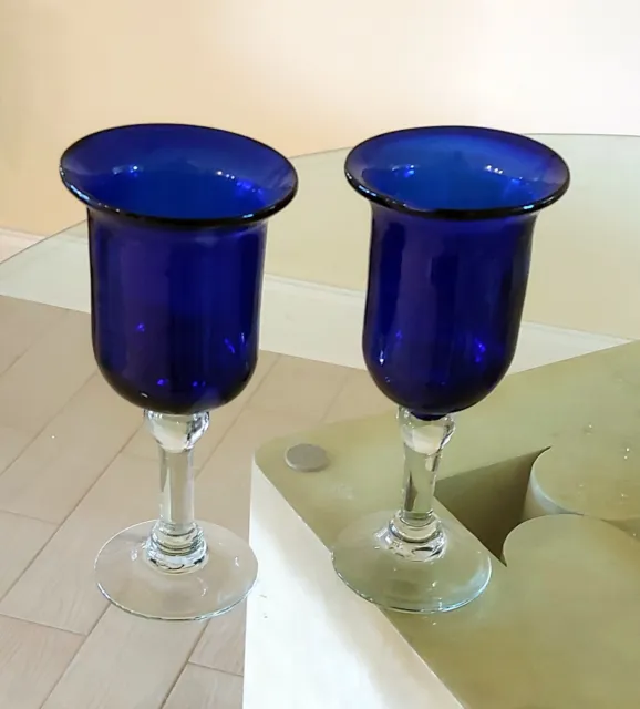 Set of 2 Cobalt Blue Water Goblets Hand Blown Heavy 8" Tall Beautiful