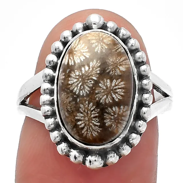 Natural Flower Fossil Coral 925 Sterling Silver Ring s.7 Jewelry R-1154