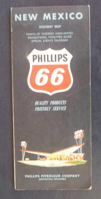 1963 New Mexico  road map Phillips 66  oil  gas route 66 event calendar Santa Fe
