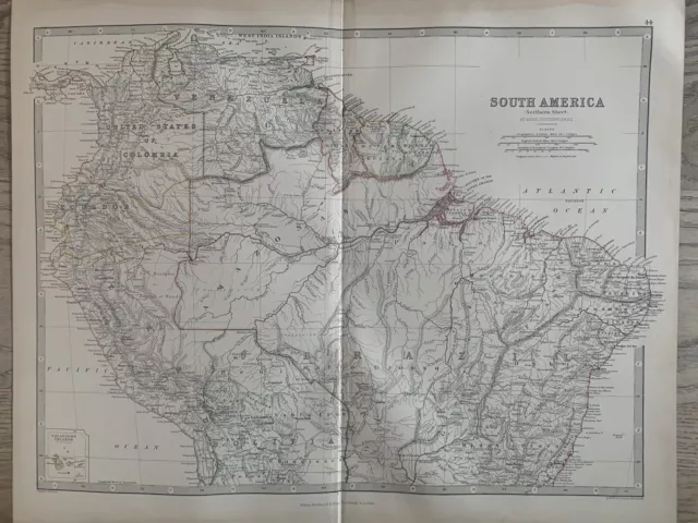 1874 South America (North) Original Hand Coloured Antique Map by Johnston