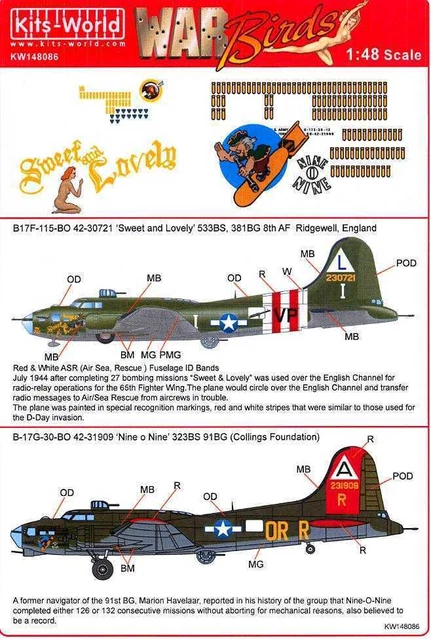 Kits World Decals 1/48 BOEING B-17 FLYING FORTRESS Sweet & Lovely & Nine O Nine
