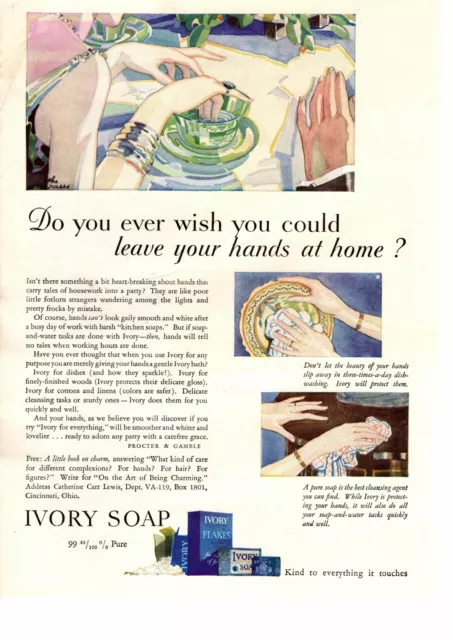 1929 Ivory Soap Flakes Kitchen Dish Soap Hands Procter & Gamble Color Print Ad