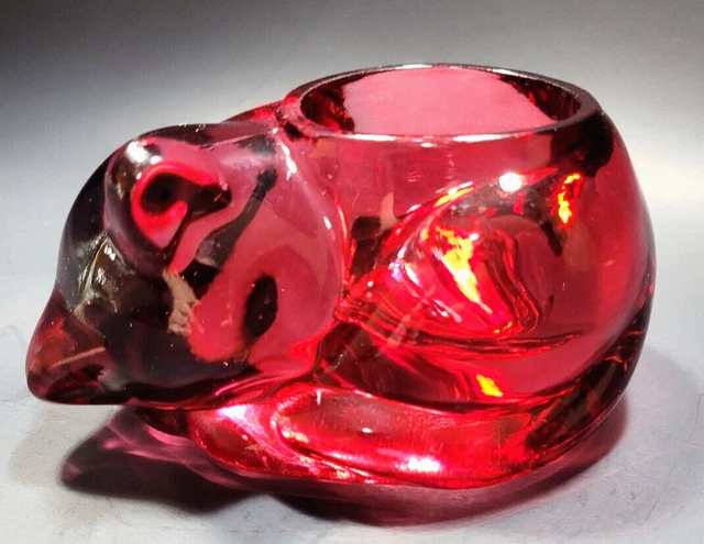 Cranberry VINTAGE INDIANA GLASS Sleeping Kitten Votive Candle Holder Cat Kitty