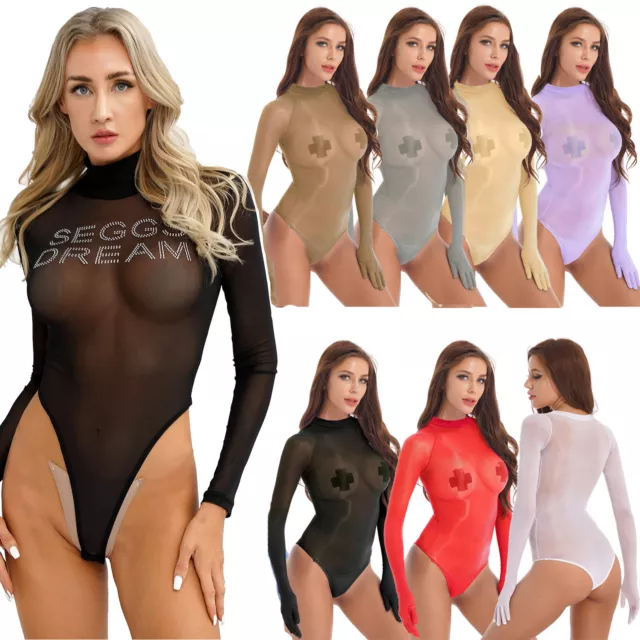 Women's Bodysuit Leotard Stretchy See-through Mesh Jumpsuit Tops and Gloves