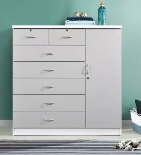 Large Wood Bedroom Dresser Gray Cabinet Tall Chest with 7 Drawers Door 3 Locks