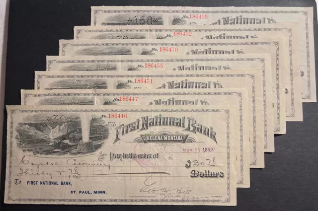 First National Bank Helena Montana 1891 cancelled checks 7 pieces LOT