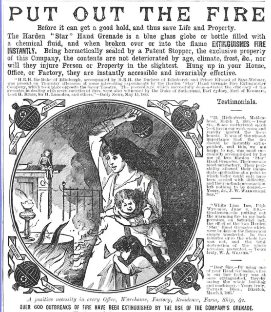 Original Victorian Harden Star Hand Grenade Fire Extinguisher Print Advert 1893