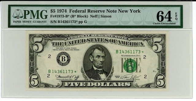 1974 $5 Federal Reserve Star Note - PMG 64 EPQ - CU - New York - 1973-B* - FRN
