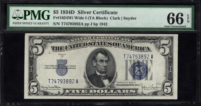 FR 1654Wi $5 1934 D Silver Certificate - PMG 66EPQ GEM UNC