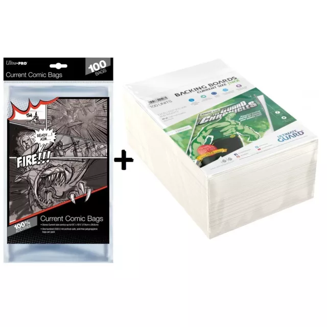 Ultra PRO 100 Current Comic Bags + 100 Ultimate Guard THICK Backing Board Bundle