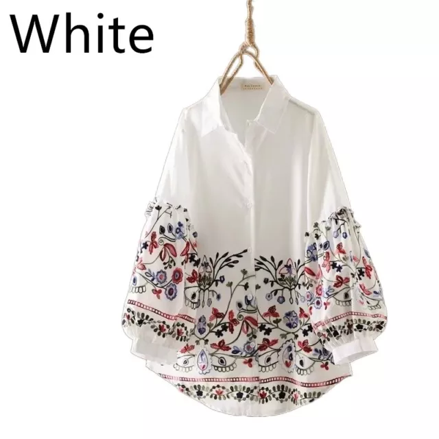 Damen Baumwolle Hemd Bluse Top Bestickt Blumenmuster Ballon Arm Locker Ethnisch