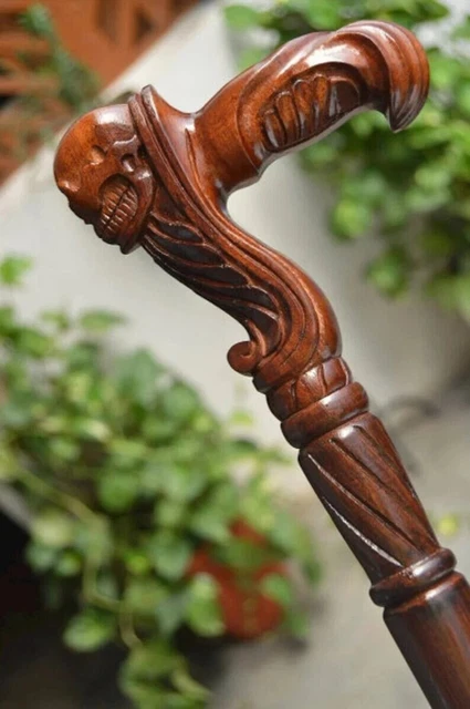Wooden Hand Graved Skull Head Handle Walking Cane Full Size Wooden Carved cane