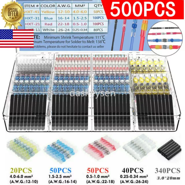 500PCS Waterproof Heat Shrink Butt Terminals Solder Seal Sleeve Wire Connectors 2