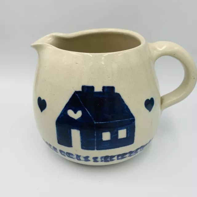 Vtg Marshal Pottery milk jug pitcher blue house hearts 1980s Country Farmhouse