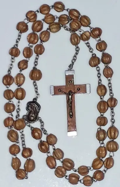 Rare Seed Wood Rosary Beads Cross Crucifix Catholic Prayer Chaplet 19" Italy