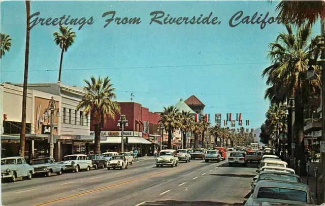 Riverside California Main Street 1960s Automobiles Columbia Postcard 21-9365