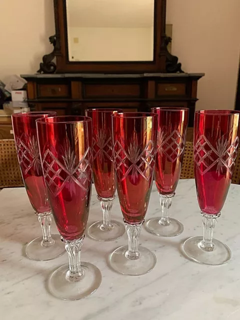 Set di n° 6 bicchieri da champagne cristallo inciso colore rosso rubino anni 30