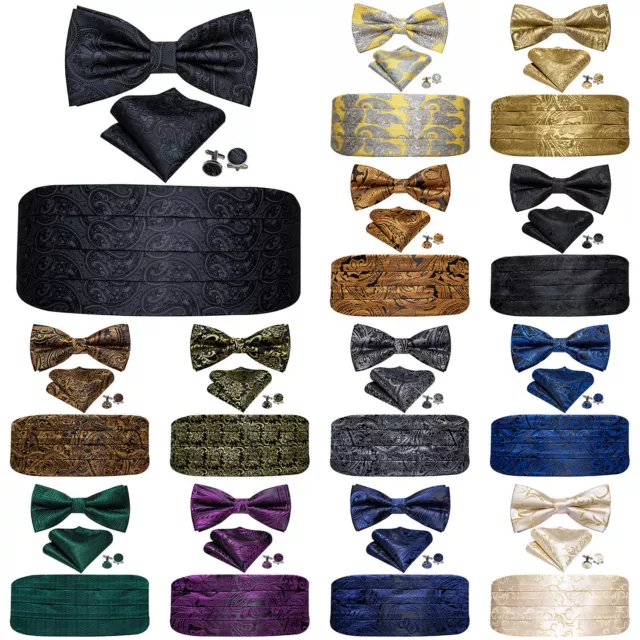 Mens Cummerbund Bow Tie Black Floral Cufflinks Set Tuxedo Formal Wedding Xmas