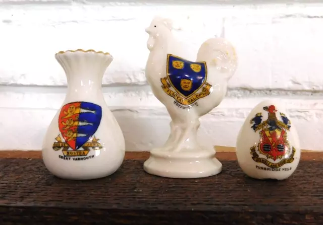 Crest Porcelain Lot of 3 English Bone China Souvenir Egg Rooster and Vase