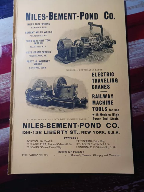 1904 Print Ad ~ NILES BEMENT POND COMPANY railway Machine Tools Double Lathe Pic