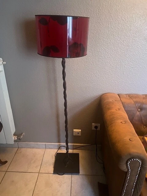 Lampadaire Ancien Verre Murano Et Fer Forgé - Abat-jour Soie, Style Vintage/Rétro