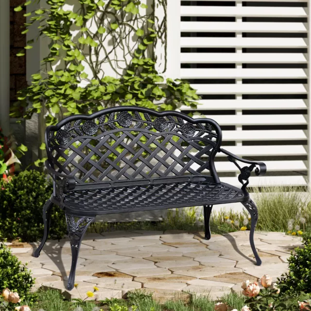 Garden Bench Cast Aluminium Backrest Outdoor Chair Park Seat Black 2 Seater