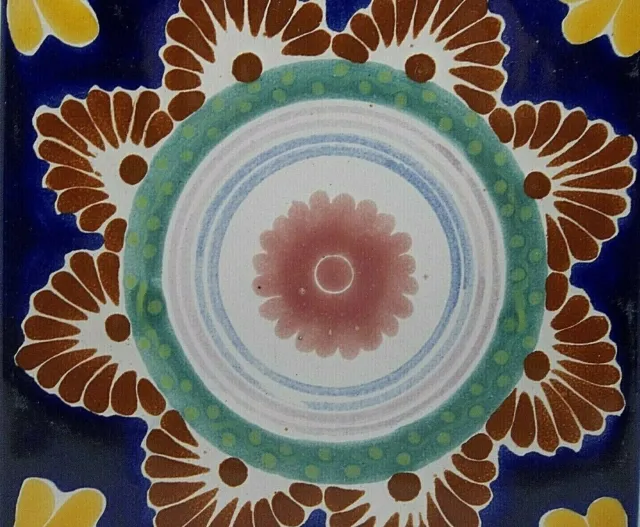 Vintage Portugese Enameled Hand Painted Tile Cobalt PINK Flower 5.75"